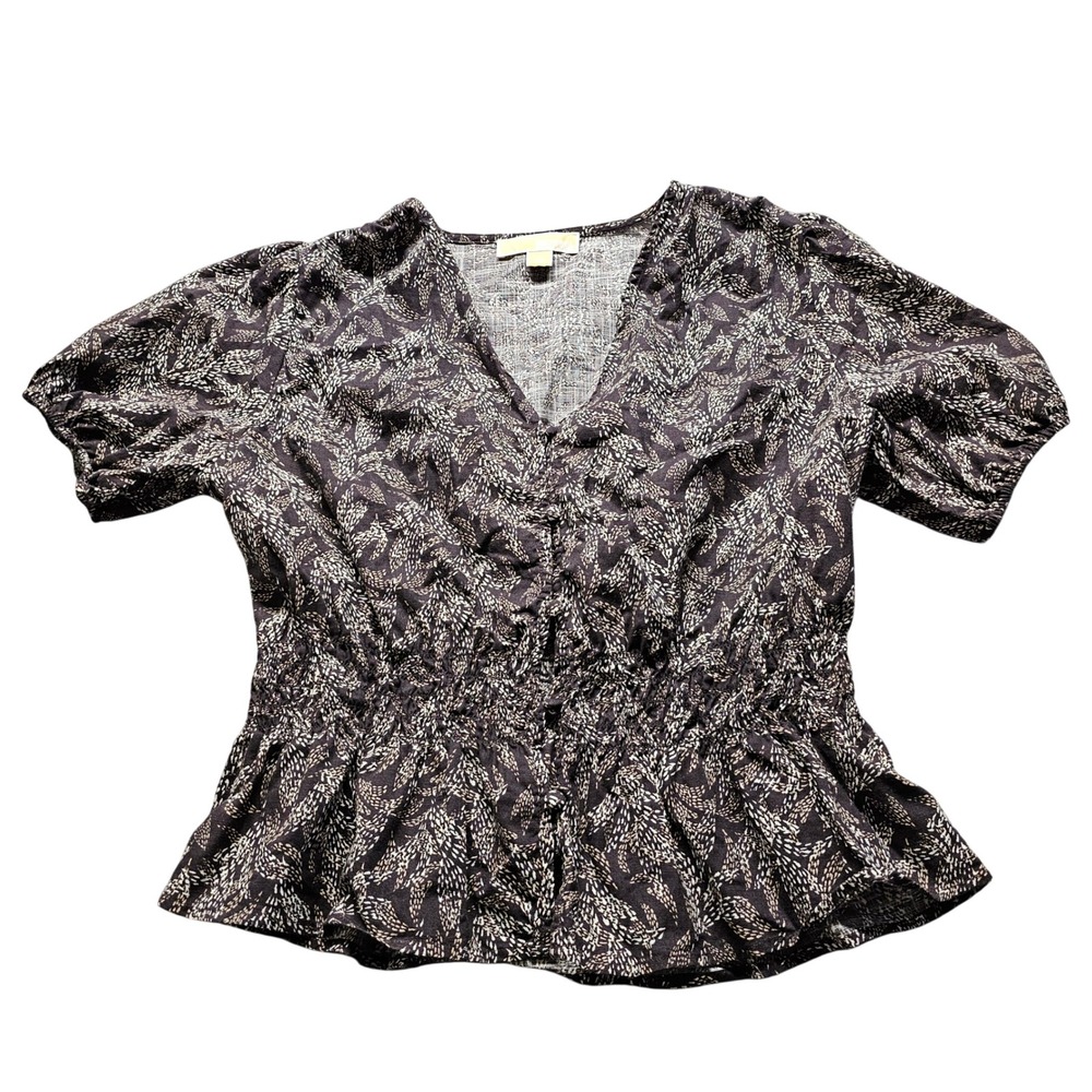 Michael Kors Peplum Blouse Womens Medium Black White Cotton Short Sleeve V-Neck